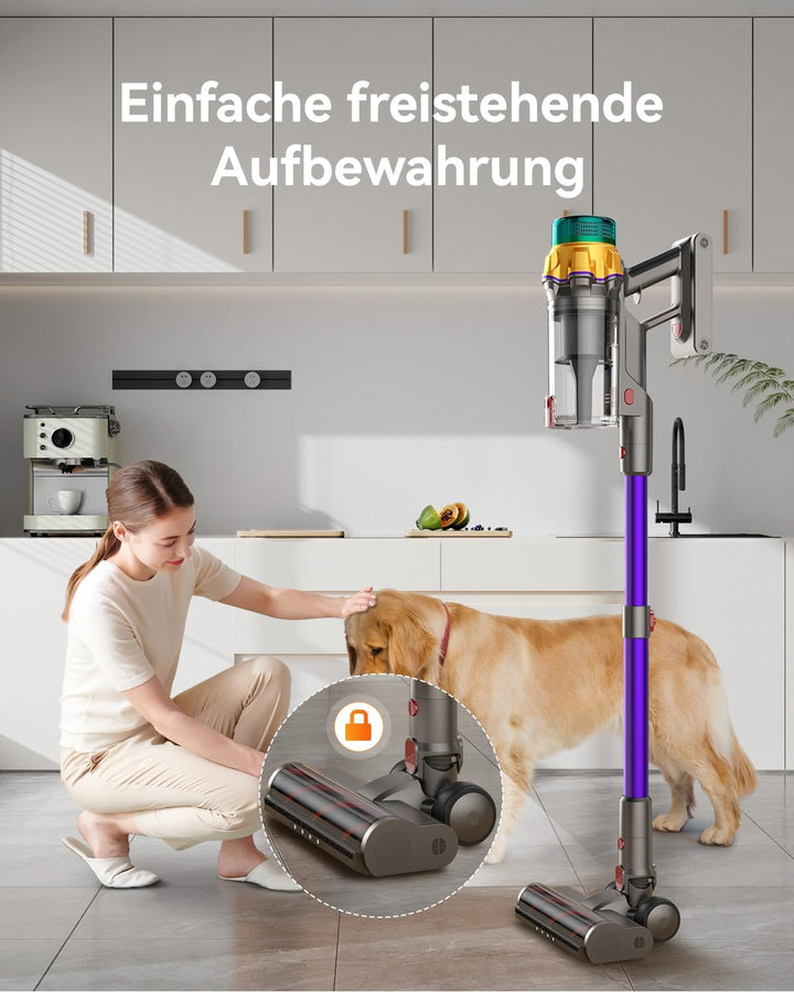 Akku Staubsauger 50000Pa/600W/65Min, staubsauger kabellos mit Display, 2L Staubbehälter, Anti-Tangle