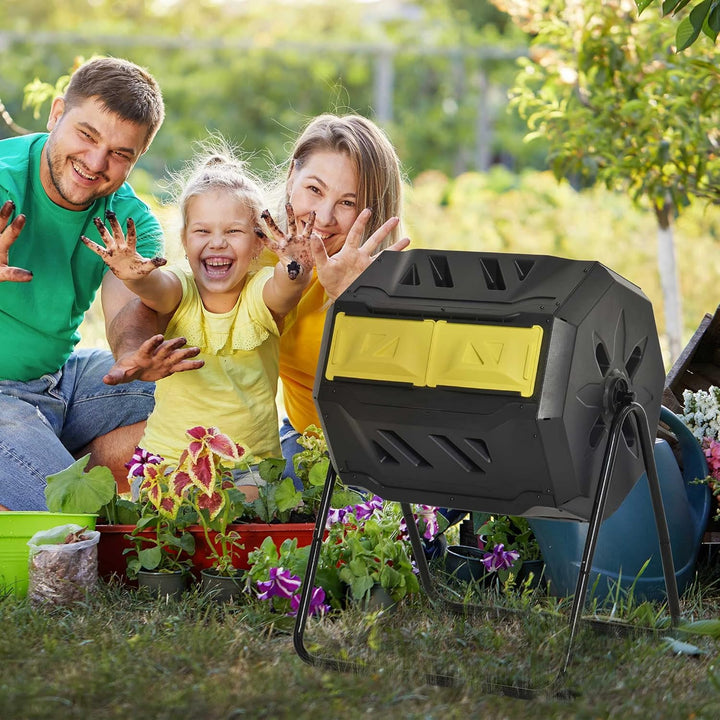 Outsunny Komposteimer für den Aussenbereich, 160 l, Doppelkammer, 360° drehbarer Komposter, Gartenko