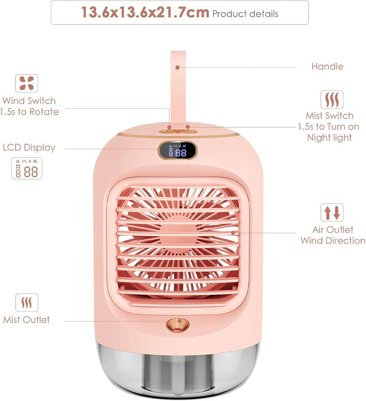 Drehbar Mobile Klimageräte, Mini Multifunktional USB Air Cooler mit 3 Geschwindigkeiten, Nachtlicht,