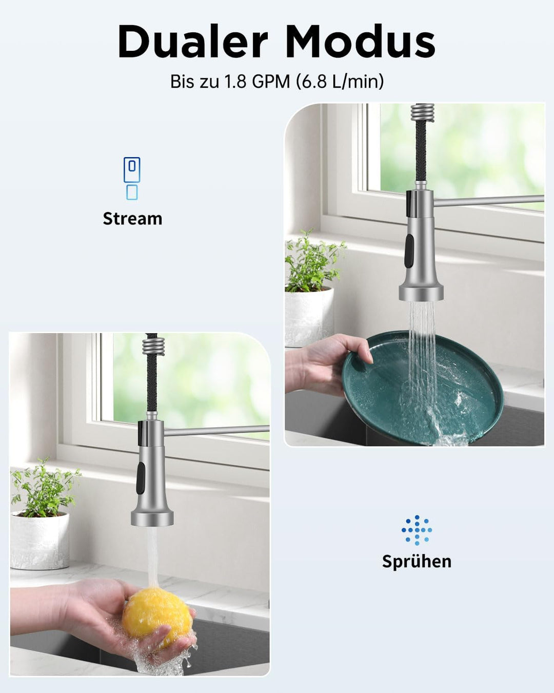 Exrenlly Küchenarmatur, Ausziehbare Commercial Spring Spültischarmatur, Einhebel Hochbogen Wasserhah