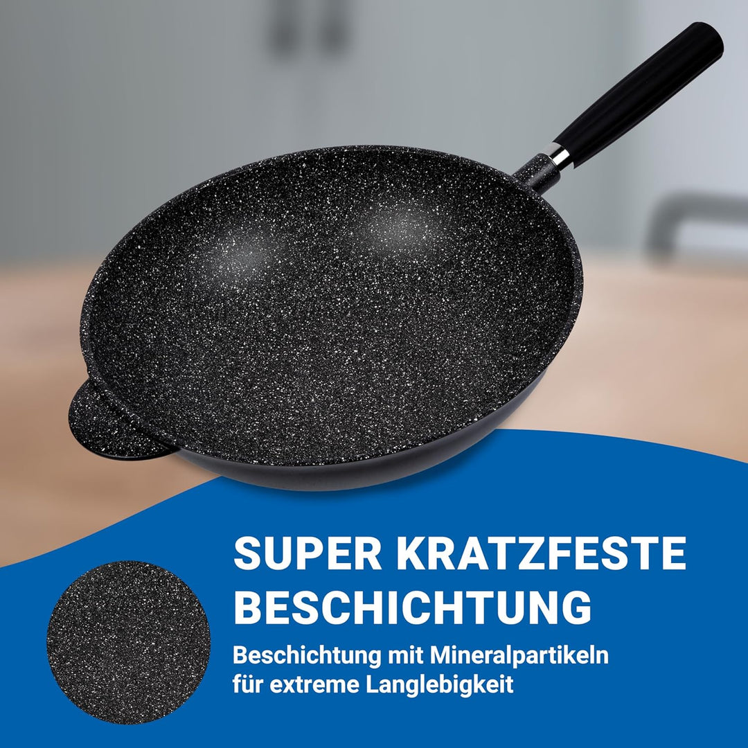 PENTOLPRESS Granit Wokpfanne mit Deckel (32 cm) – Wokpfanne für Induktion – Super kratzfeste Wokpfan