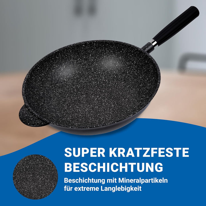 PENTOLPRESS Granit Wokpfanne mit Deckel (32 cm) – Wokpfanne für Induktion – Super kratzfeste Wokpfan