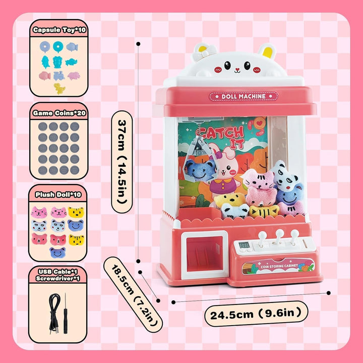 Mini Greifmaschine Candy Doll Gachapon Grabber Süssigkeiten Greifautomat mit 10 Puppen 20 Münzschieb