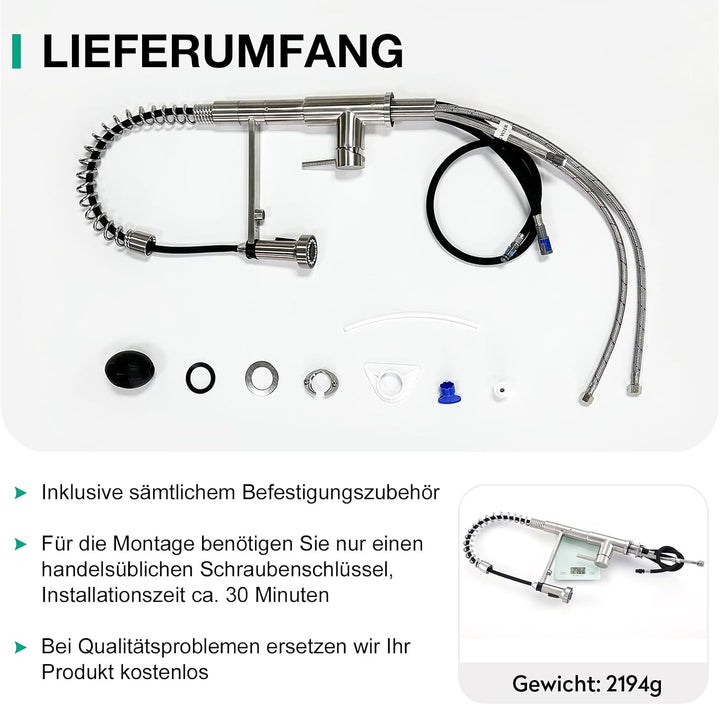 CREA 3 Wege Spiralfeder Küchenarmatur, Trinkwasserhahn Küche mit Brause ausziehbar, Wasserhahn Armat