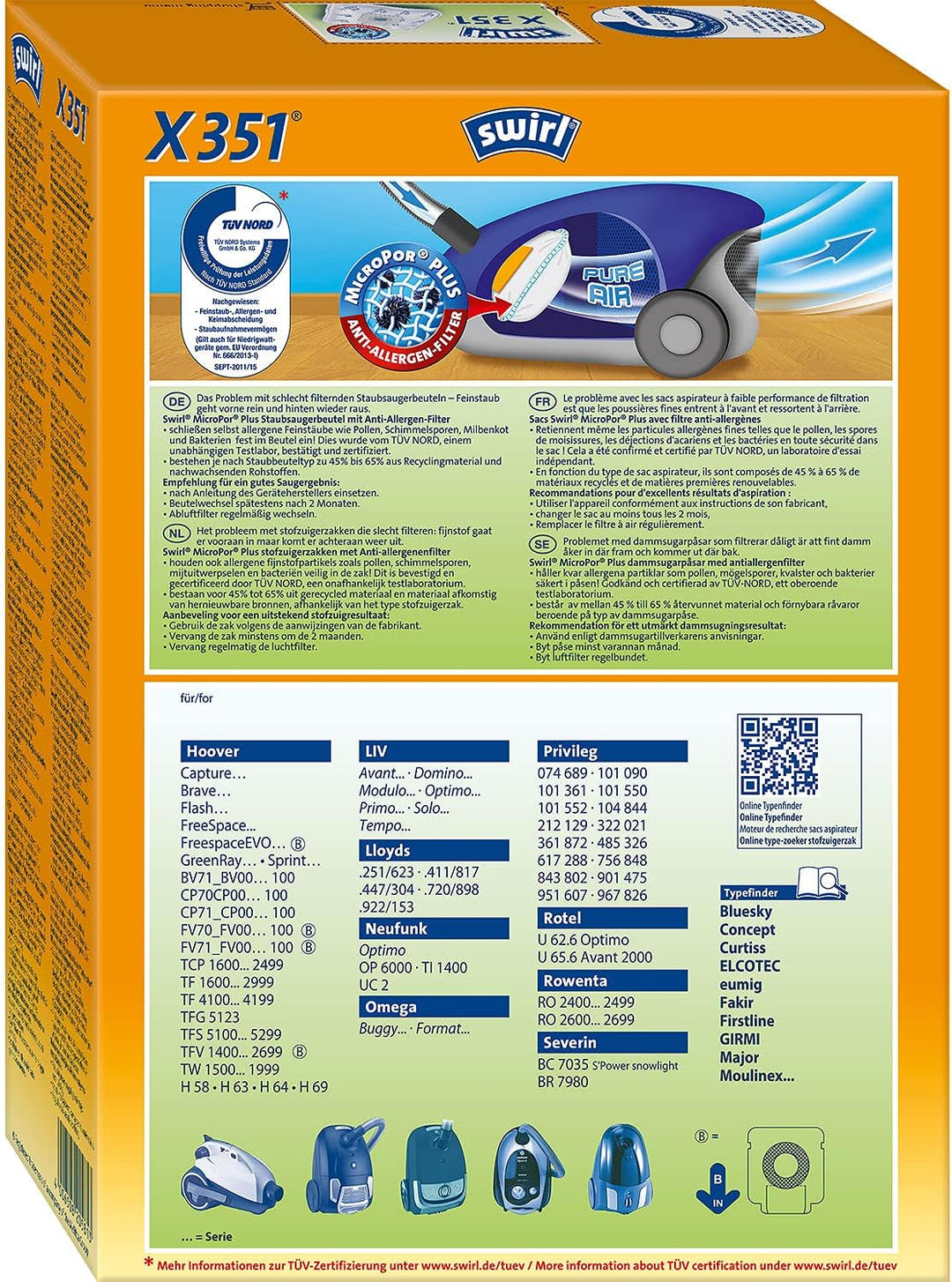 Swirl® X 351® EcoPor® Staubsaugerbeutel für Hoover, Rowenta, Severin, 4 Beutel (Packung mit 2) A 1 -