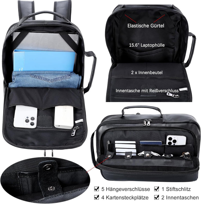 TIDING Herren Rucksack Echtes Leder Gross Kapazität Business Reisetasche für 15,6 Zoll Laptop Tasche