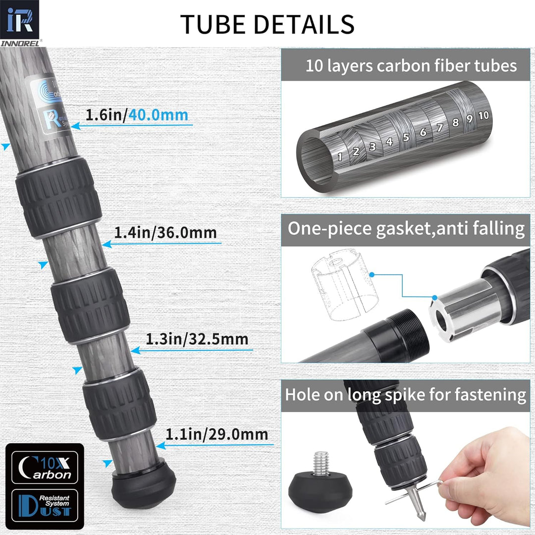 INNOREL KT404C Kompaktes 10-Lagen-Kohlefaser-Stativ 40mm Rohr Professionelles Hochleistungskamerasta
