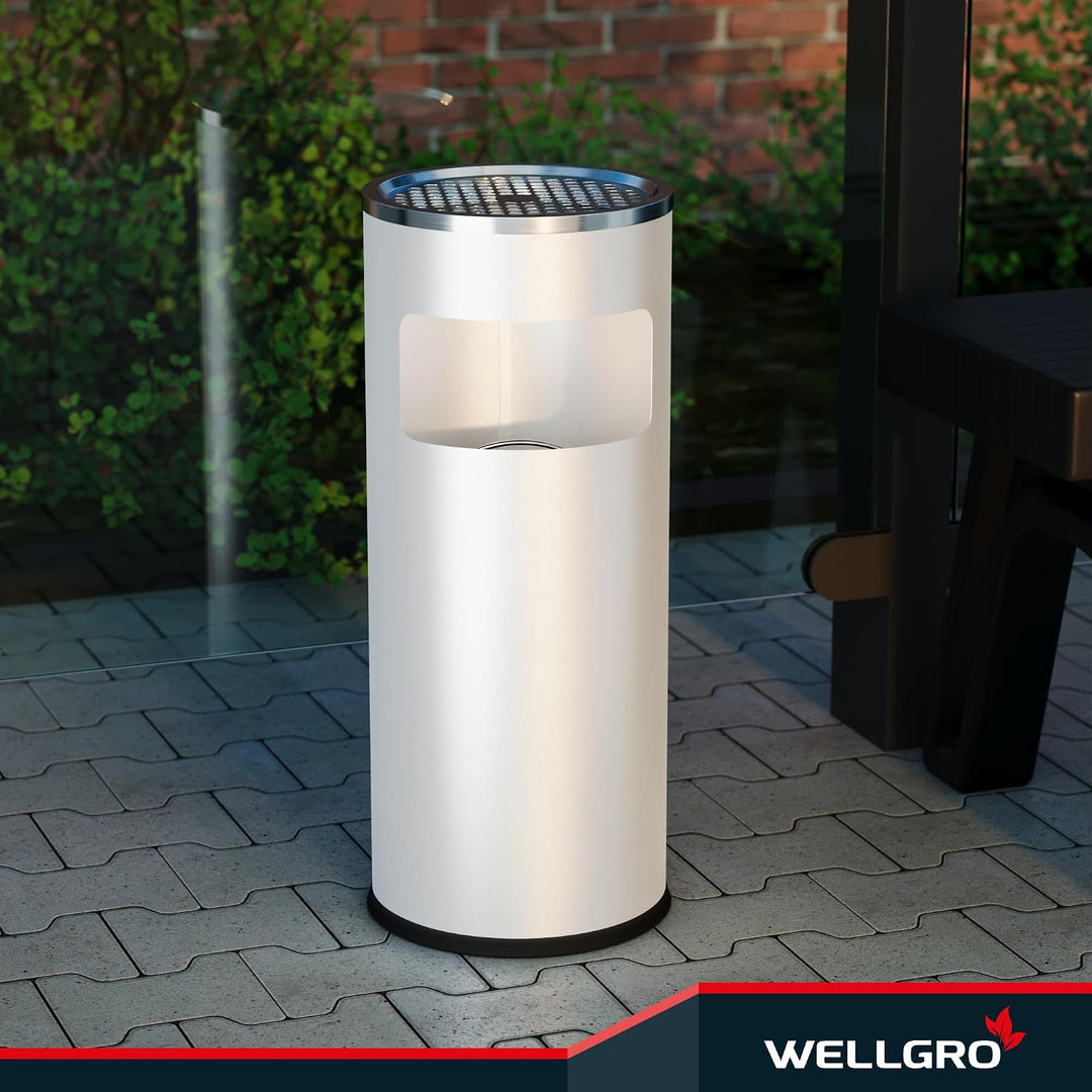 WELLGRO 2 in 1 Standaschenbecher Edelstahl für draussen – Wetterfester Standascher weiss mit Mülleim