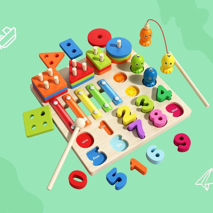 Vier in eins Holzspielzeug für Kinder, Zahlenspiel, Musikspielzeug, Farblerntafel, Fähigkeiten Entwi