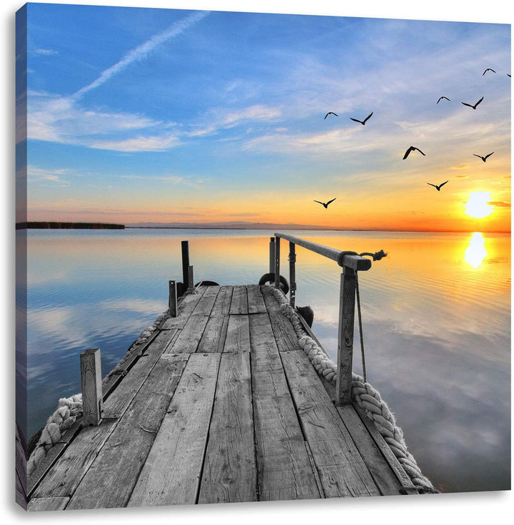 Pixxprint schöner Steg mit Möwen als Leinwandbild/Grösse: 70x70 cm/Wandbild/Kunstdruck/fertig bespan