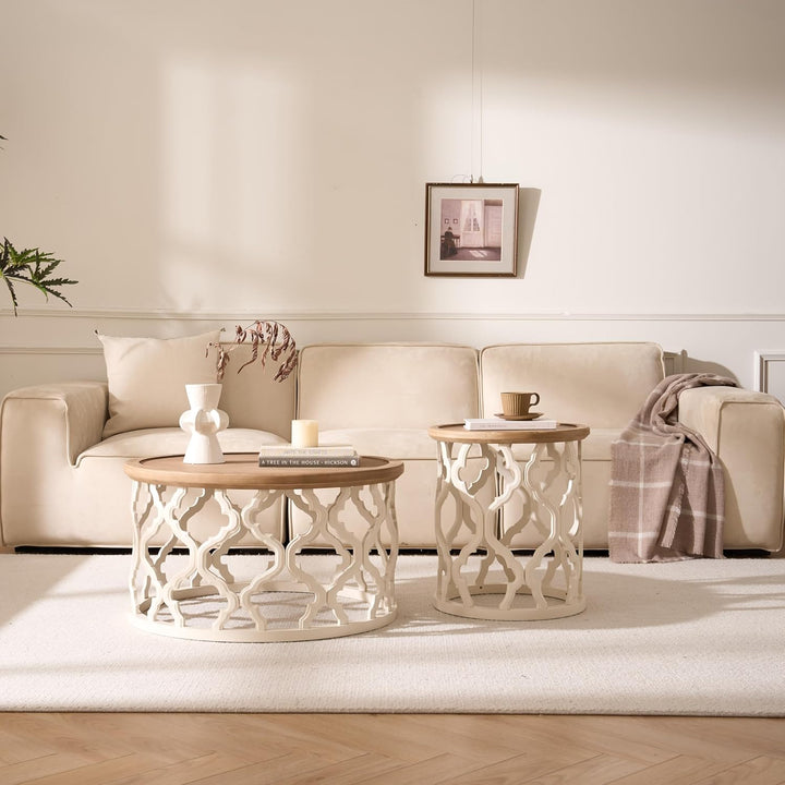 Couchtisch Rund 2er Set, Couchtisch Rund Holz mit Durchbrochenen Tischbeinen, Modern Farmhouse Ø76x4
