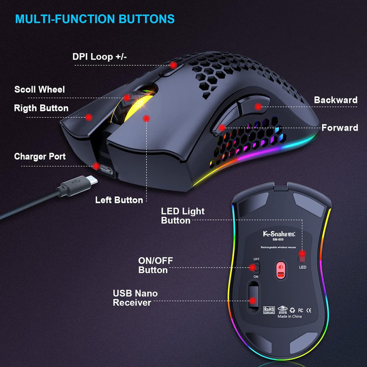 JYCSTE Kabellose leichte Gaming-Maus, ultraleichte Wabenmäuse mit RGB-Hintergrundbeleuchtung, 7 Tast