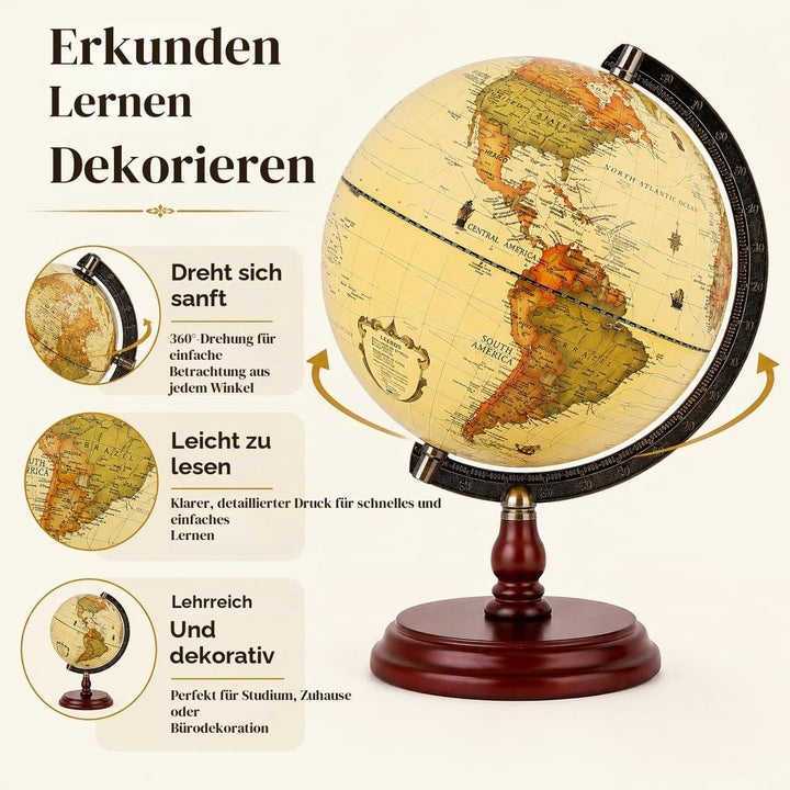 Exerz 25cm Antiker Globus Mit Holzfuss - Englische Karte - Für Kinder Büro Deko - Schülerglobus Mord