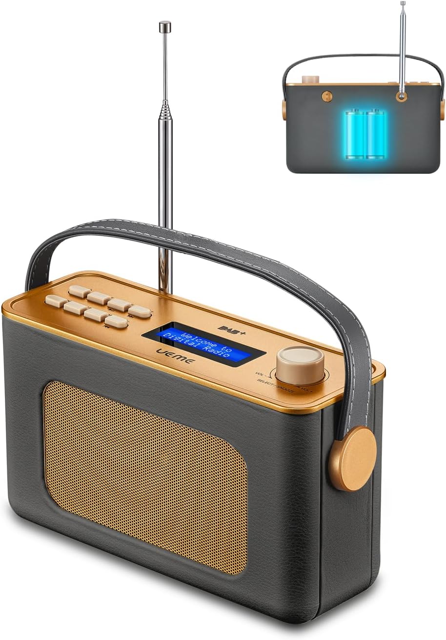 Tragbarer Retro Design DAB Plus/FM Radio, Bluetooth Lautsprecher DAB + Radio mit Wiederaufladbarer L