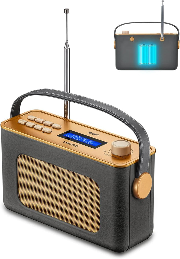 Tragbarer Retro Design DAB Plus/FM Radio, Bluetooth Lautsprecher DAB + Radio mit Wiederaufladbarer L