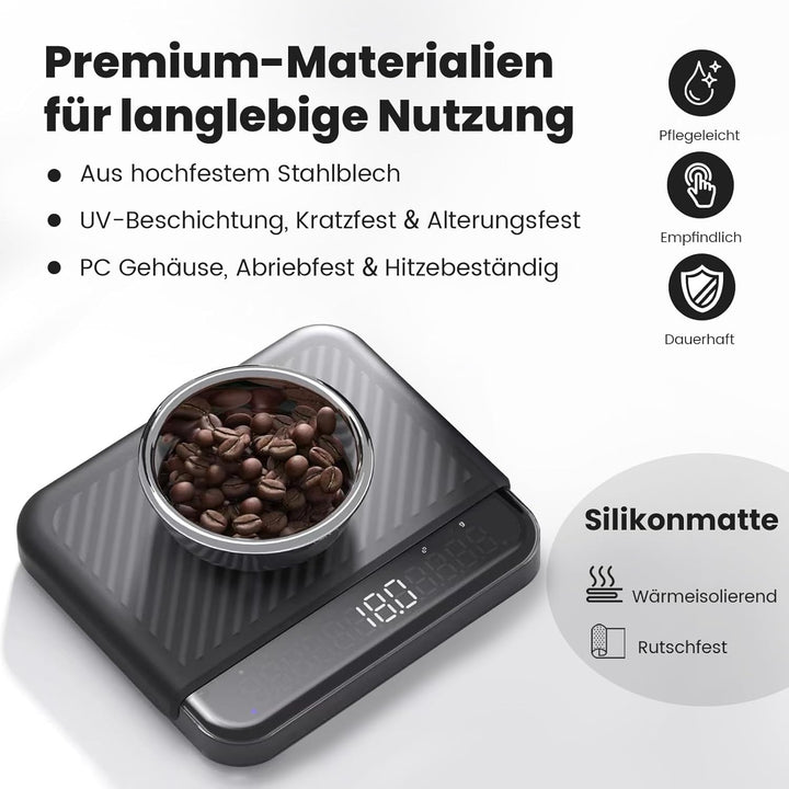 BOOKOO Kaffeewaage mit Timer, 0,1 g hochpräzise Espresso Waage, 2 kg, 4 Modi, Bluetooth-App & Flow R