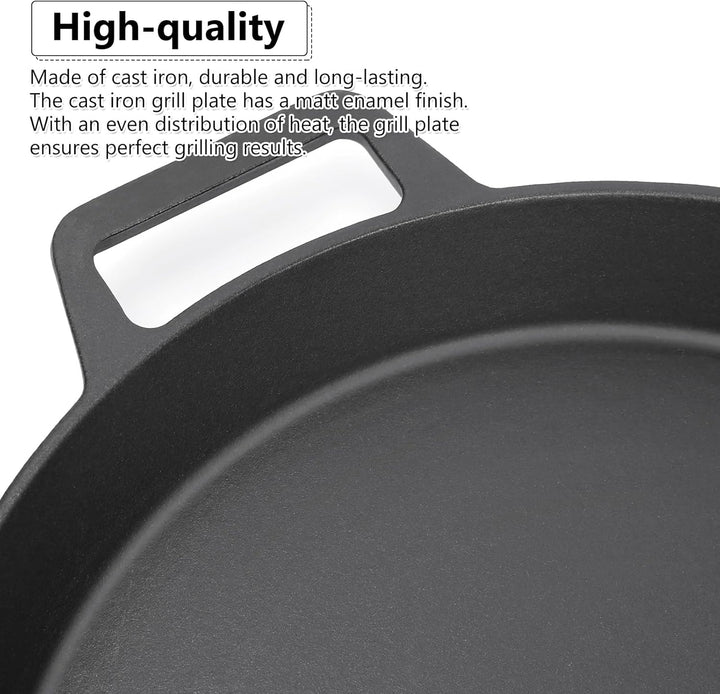 GFTIME Universal Gusseisen Grillpfanne Ø 40cm, gross rund Gusspfanne mit Zwei Griffe und Zwei Ausgie