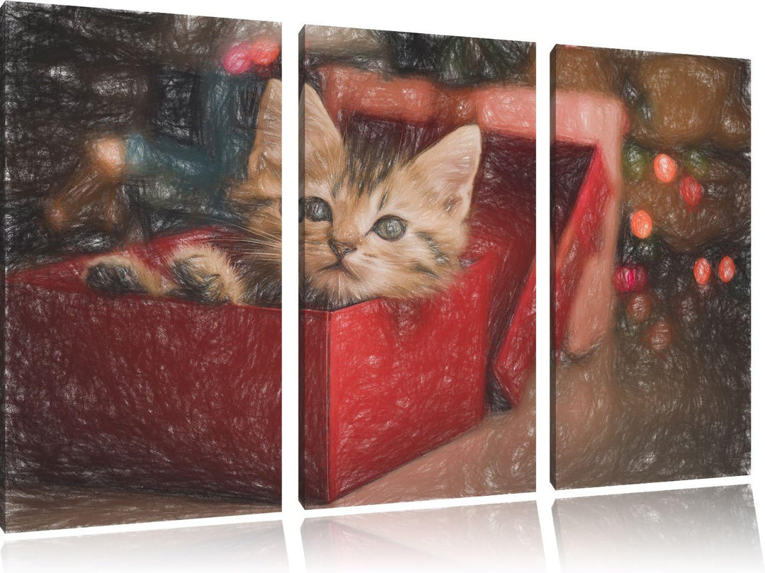 Pixxprint süsses Kätzchen in der Box Kunst Buntstift Effekt 3-Teiler Leinwandbild 120x80 Bild auf Le