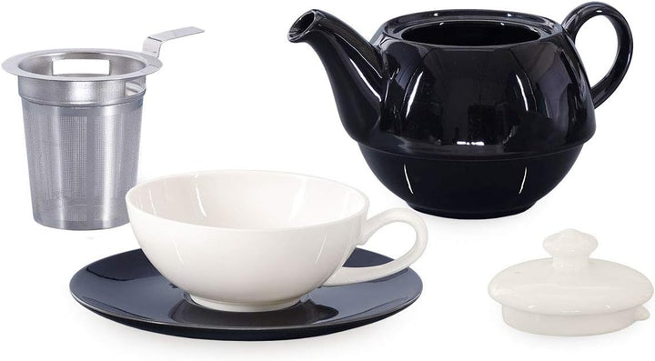 Tea for One mit Sieb Lena 500ml aus Crystal Bone China Porzellan in schwarz-weiss. Teekanne + Teetas
