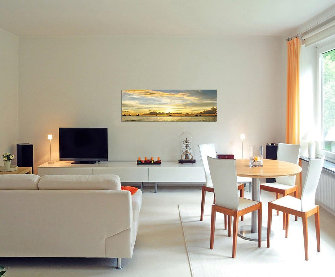 Paul Sinus Art Panoramabild auf Leinwand und Keilrahmen 120x40cm Philippinen Meer Boote Sonnenunterg