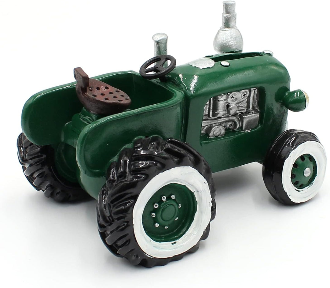 Dekohelden24 Spardose als Traktor aus Poly - Sparauto - Sparbüchse in grün mit Gummiverschluss, Grös