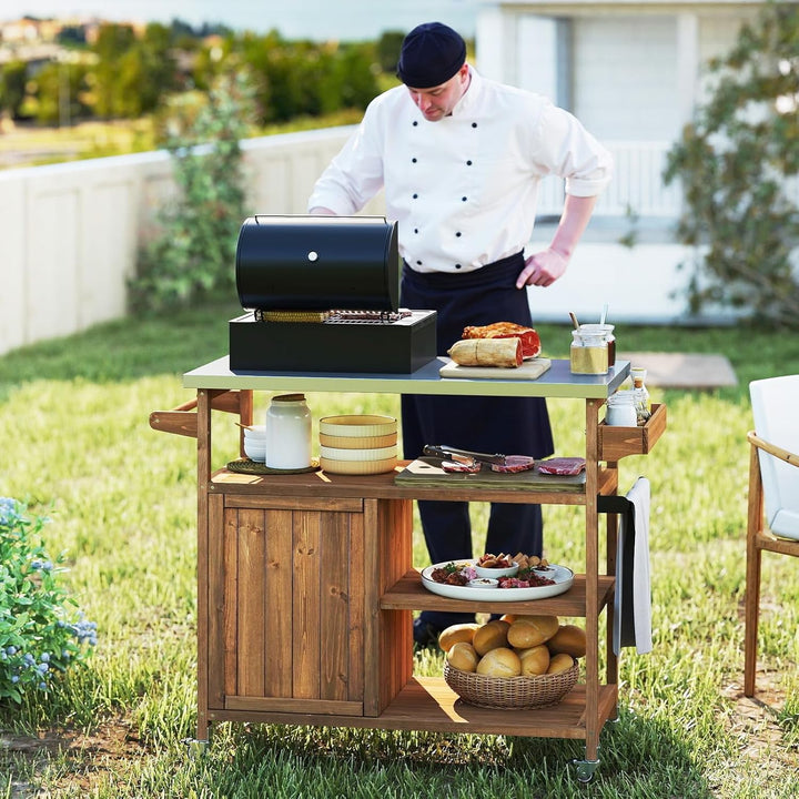 COSTWAY Grillwagen Outdoor, Servierwagen auf Rollen, Kücheninsel mit Edelstahl-Arbeitsplatte, Ablage