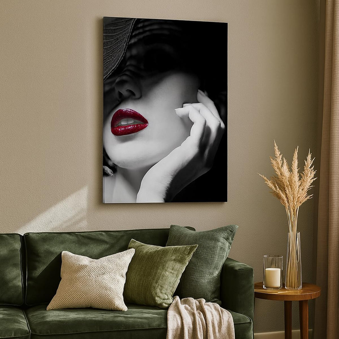 Bilder auf Leinwand 55x100cm Leinwandbild mit Rahmen Frau Gesicht Lippen Gross Wanddeko Bild Schlafz