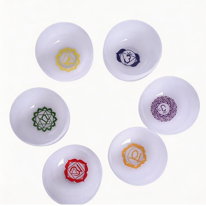 ENERGYSOUND 432Hz 6-12 Inch Chakra Symbol Design Frosted Quartz Crystal Singing Bowl with 2 PCS Trav