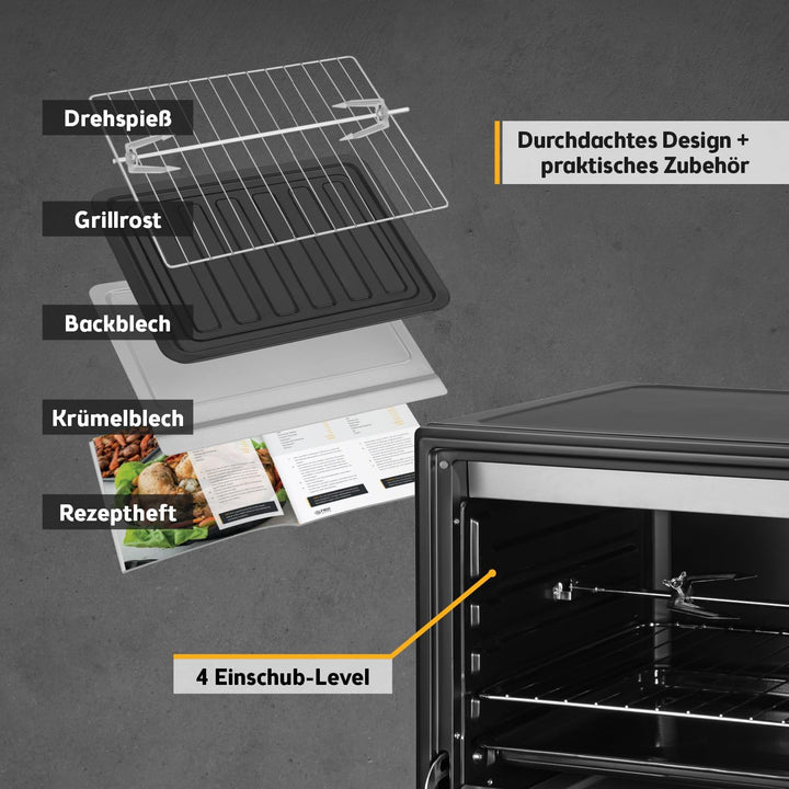 TZS First Austria Minibackofen, 2000 Watt, 45L, mit Innenbeleuchtung, Umluft-Funktion, Drehspiess fü