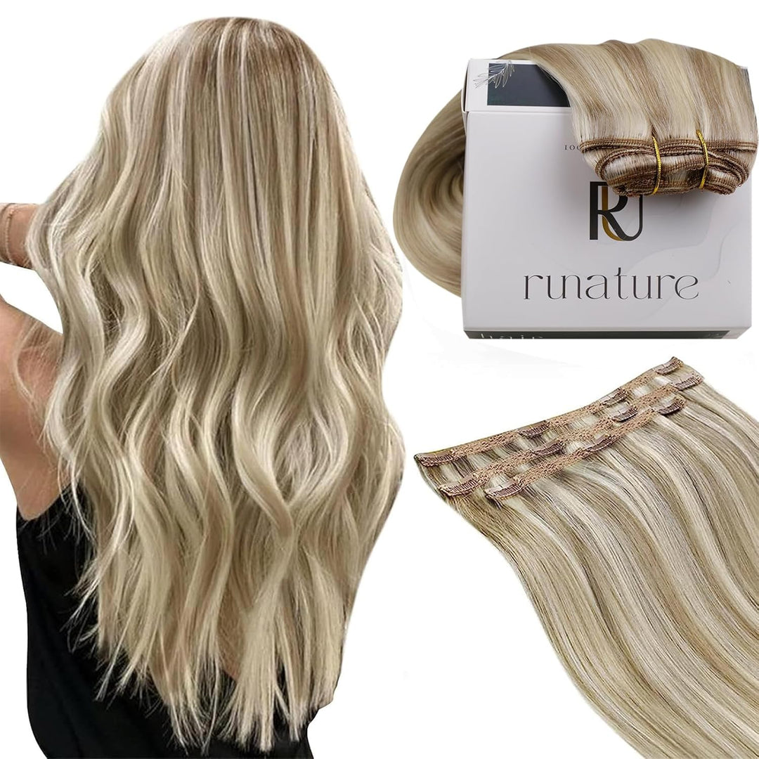 RUNATURE Extensions Clip in Echthaar Aschbraun mit Platinblond Remy Haarverlangerung Echthaar Clip i