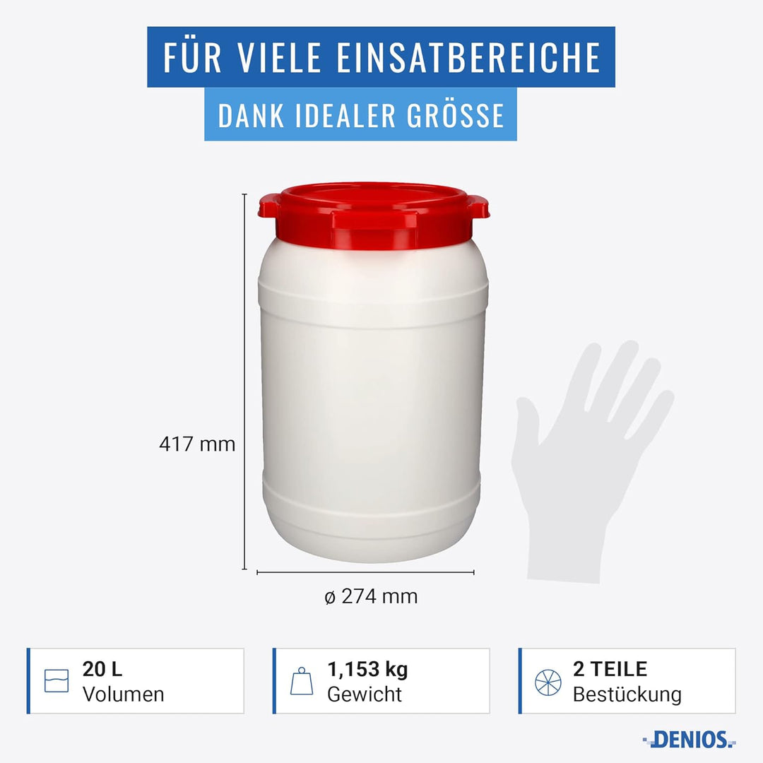 DENIOS® Weithalsfass WH 20, aus Polyethylen (PE), 20 Liter Volumen, weiss/rot, maximal sicher, 20 Li