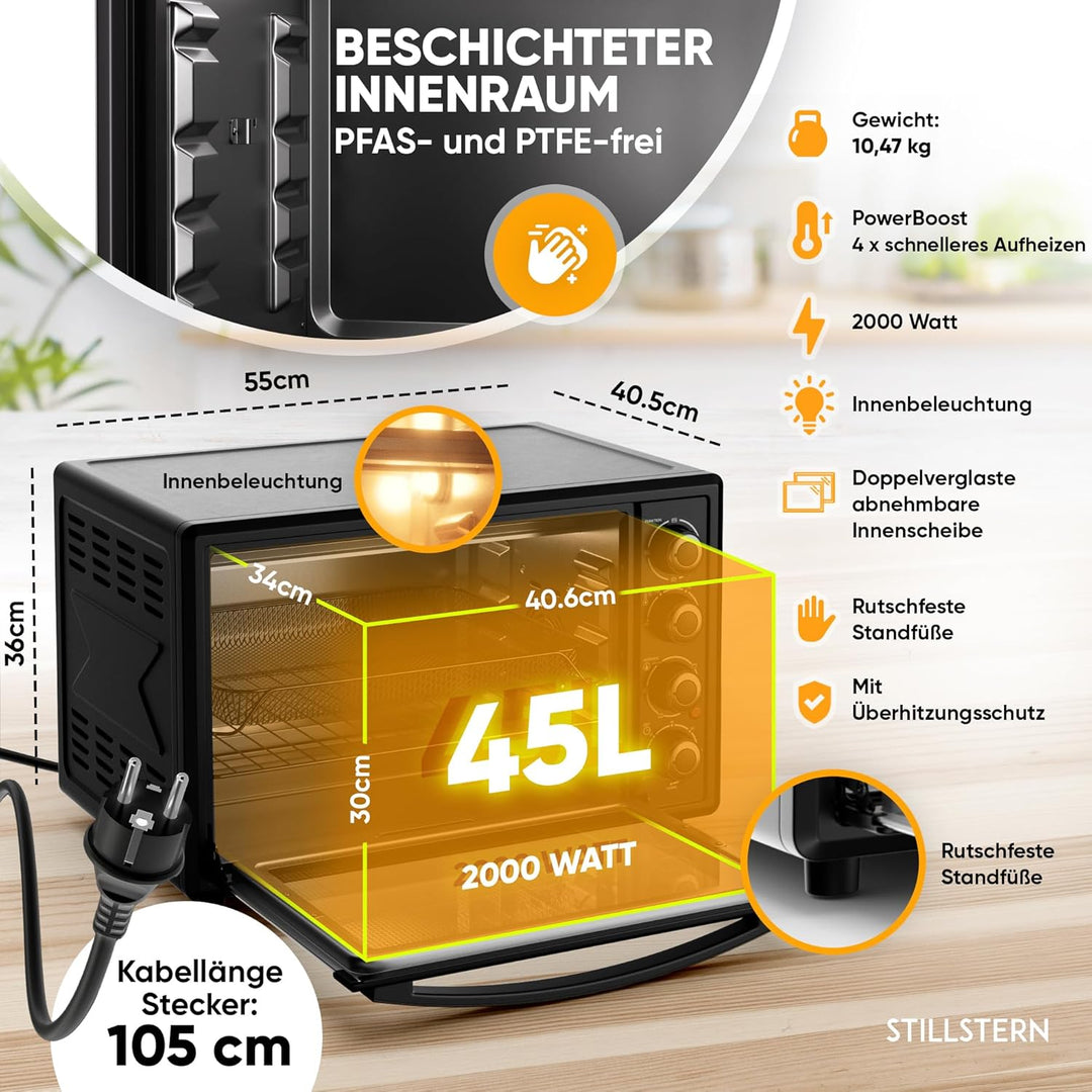 Stillstern Minibackofen mit Umluft (45L) Deutsche Version, 2x Backblech, Ofenhandschuhe, Rezeptheft,