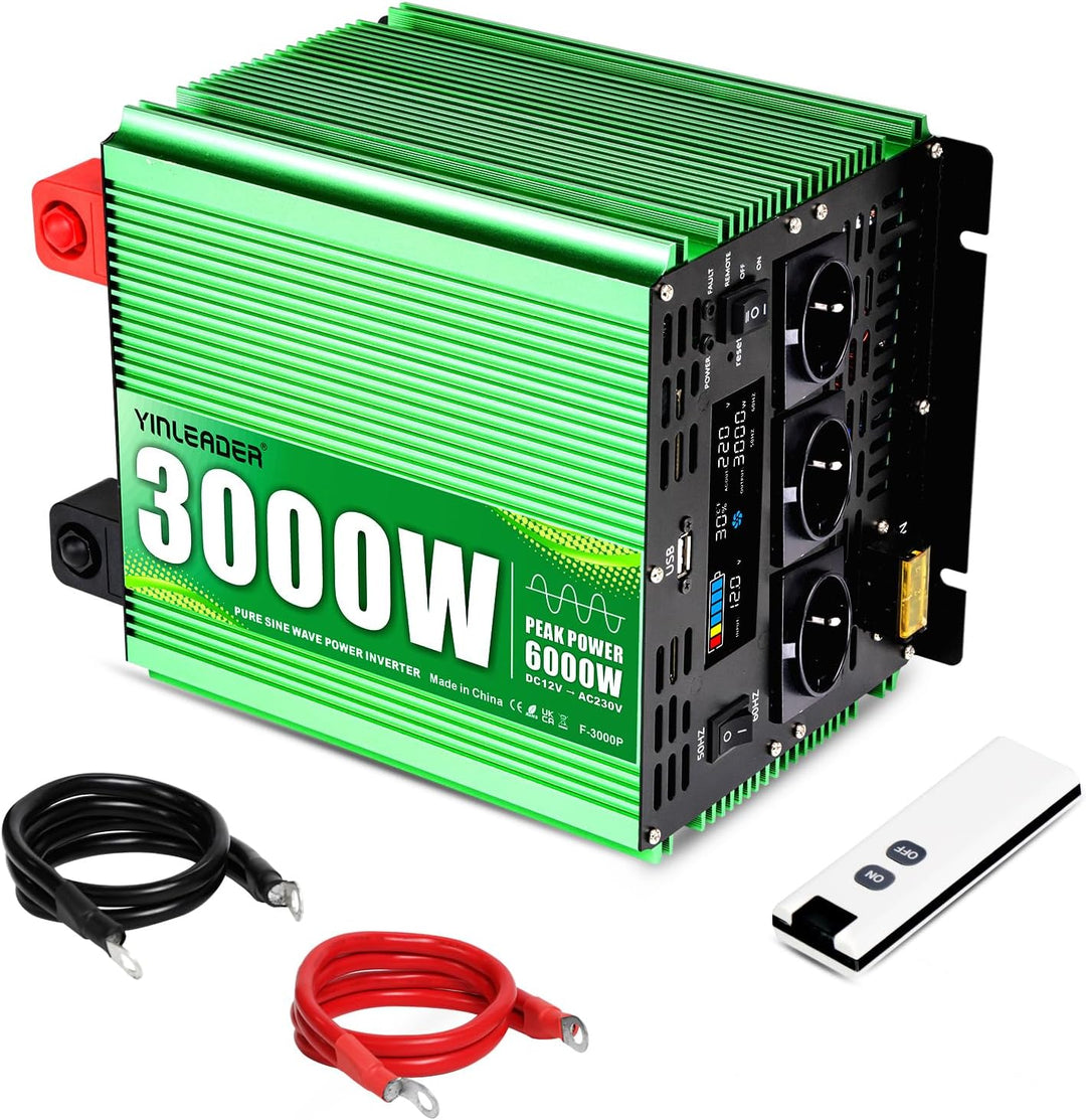 Yinleader 3000W Reine Sinus Wechselrichter DC 12V auf 230V AC Big LCD Display 3 EU Steckdosen und US