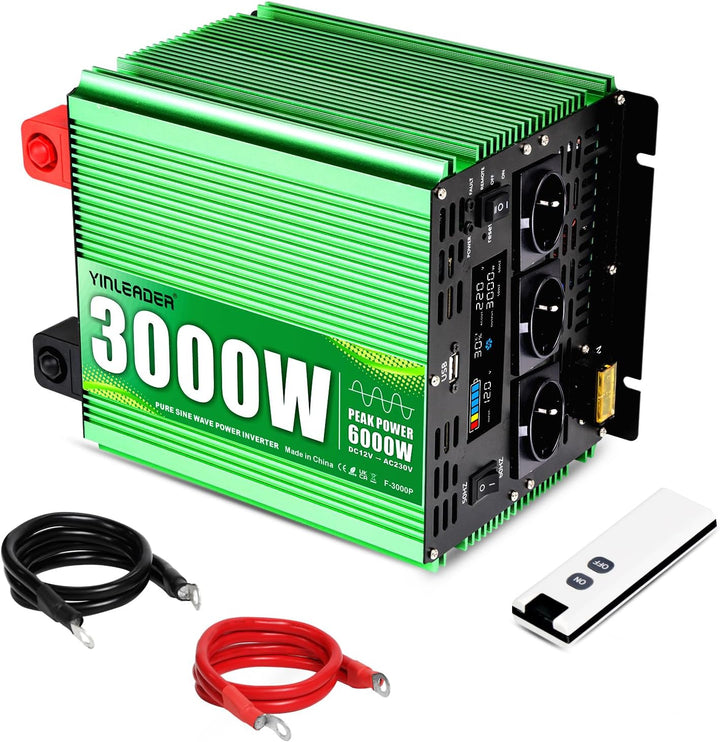 Yinleader 3000W Reine Sinus Wechselrichter DC 12V auf 230V AC Big LCD Display 3 EU Steckdosen und US