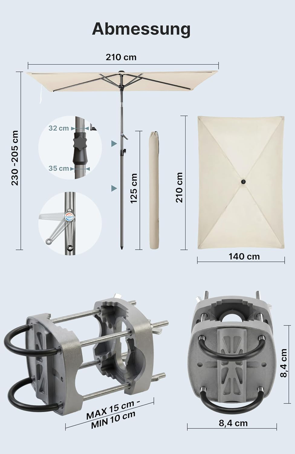 4smile SunnyShade Sonnenschirm Balkon mit Halterung im 3-er-Set, UV 50+, 210x140 cm, Beige, Balkonsc