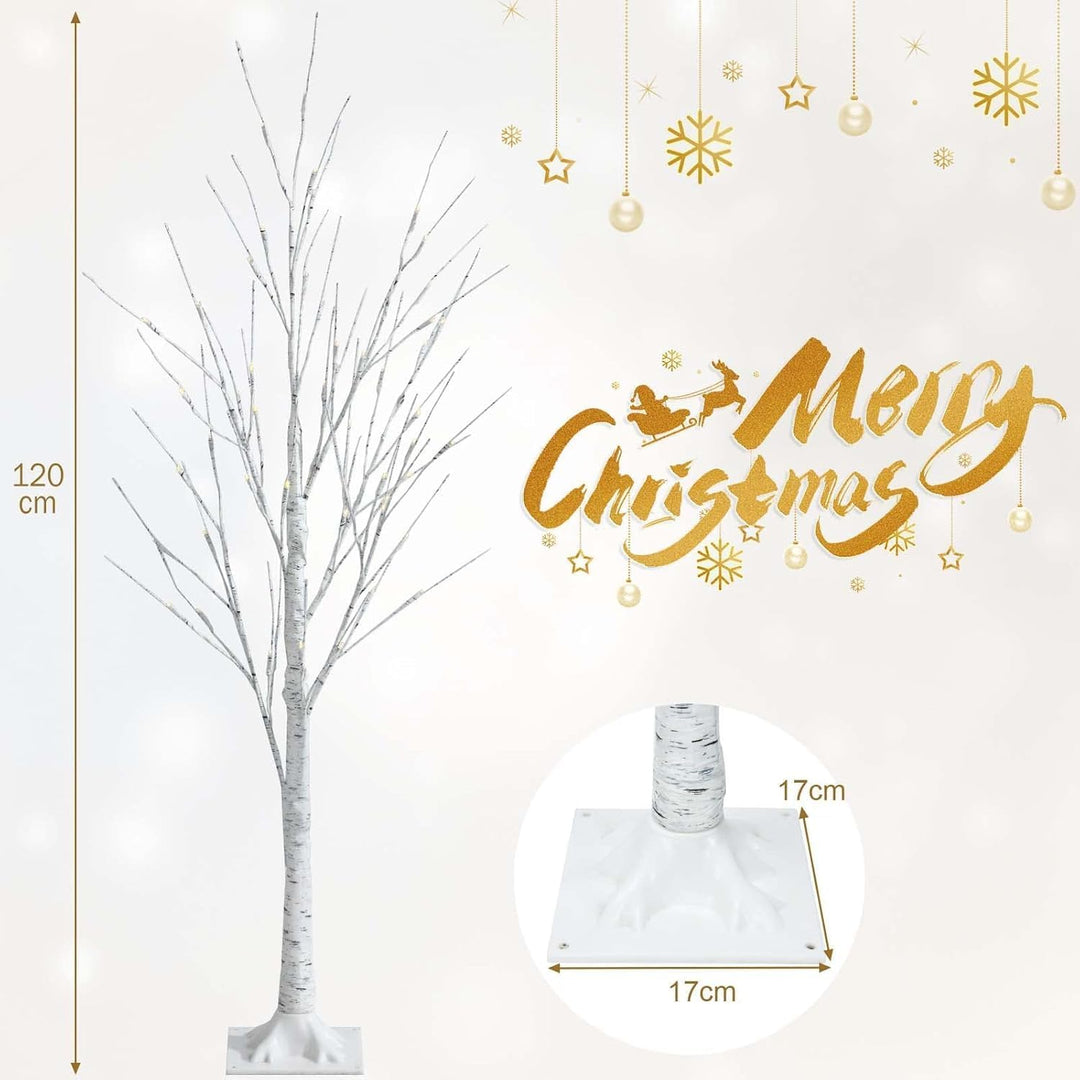 RELAX4LIFE Weisser Weihnachtsbaum Künstlich 120cm, LED Lichtbaum Birkenoptik, Christbaum mit 48 warm