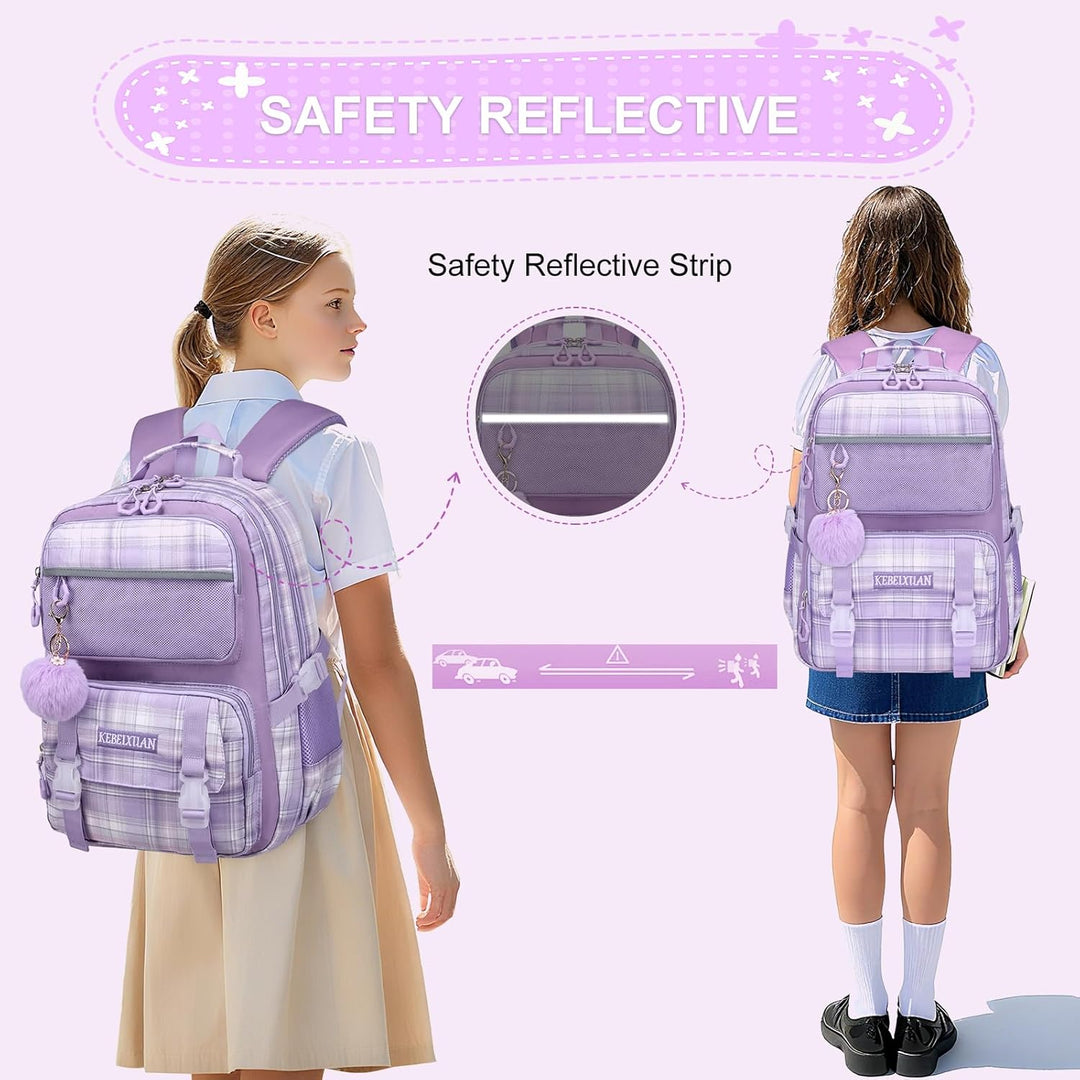 KEBEIXUAN Rucksack Mädchen, Schultasche Mädchen 1.-5. Klasse, Atmungsaktiv Schulrucksack mit Pom-Pom