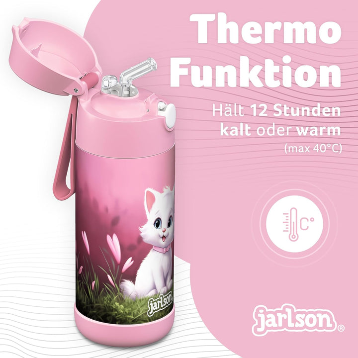 Jarlson® Trinkflasche Kinder Edelstahl Charli [MIT STROHHALM] - Thermosflasche Auslaufsicher - Therm