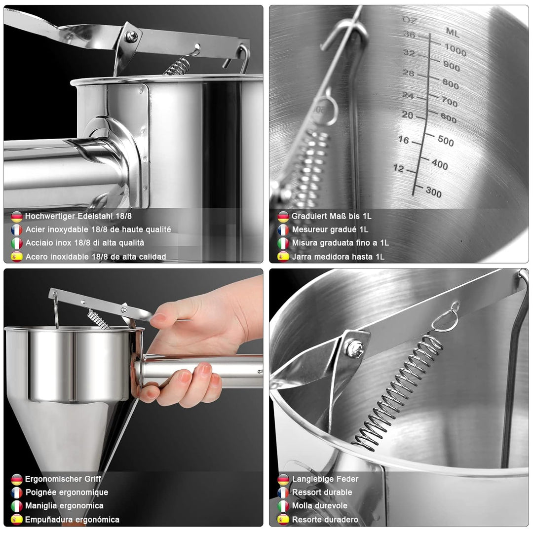 eGenuss 2er-Set Edelstahl Backtrichter Pfannkuchen Teigspender + Düsen + fester Ständer mit Teigsamm