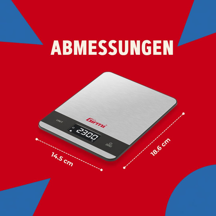 Girmi PS05 Elektronische Küchenwaage, 1 g/5 kg, Platte aus Edelstahl, Display mit hoher Helligkeit,