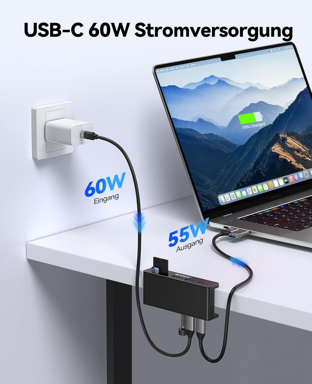 ORICO USB Hub, Aluminum USB3.2 Hub Clip mit USB-C PD 60W Port, 10Gbps 6 Ports USB Verteiler mit 2 Ty