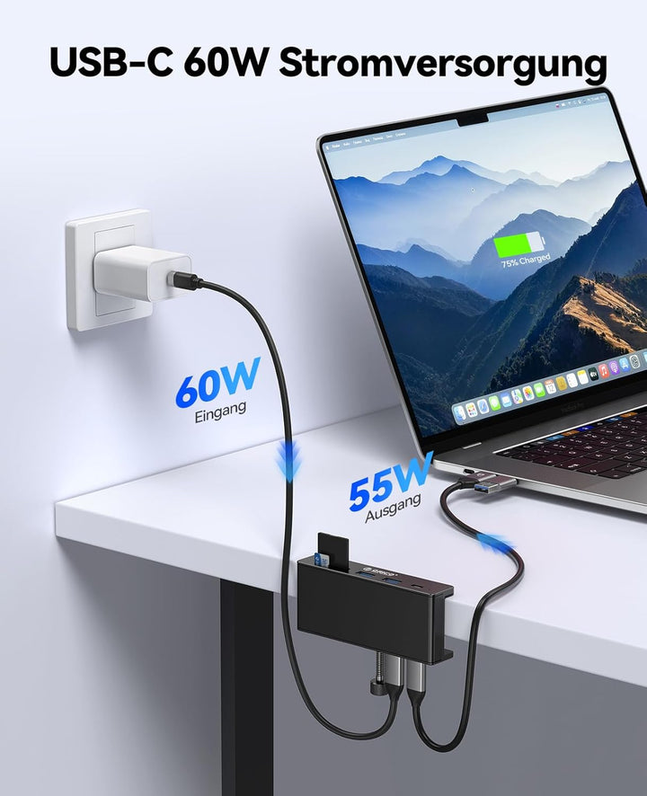ORICO USB Hub, Aluminum USB3.2 Hub Clip mit USB-C PD 60W Port, 10Gbps 6 Ports USB Verteiler mit 2 Ty