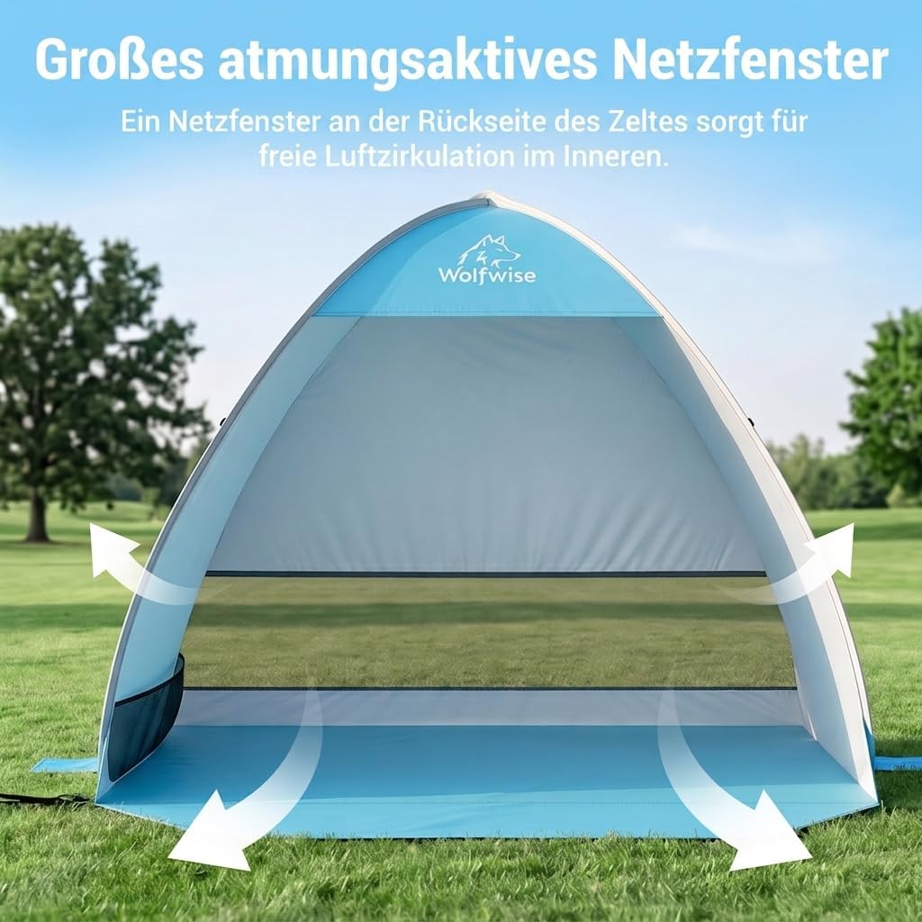 Wolfwise Strandmuschel Pop Up, Strandzelt mit UV-Schutz 50+, Sekundenschneller Aufbau, Wasserabweise