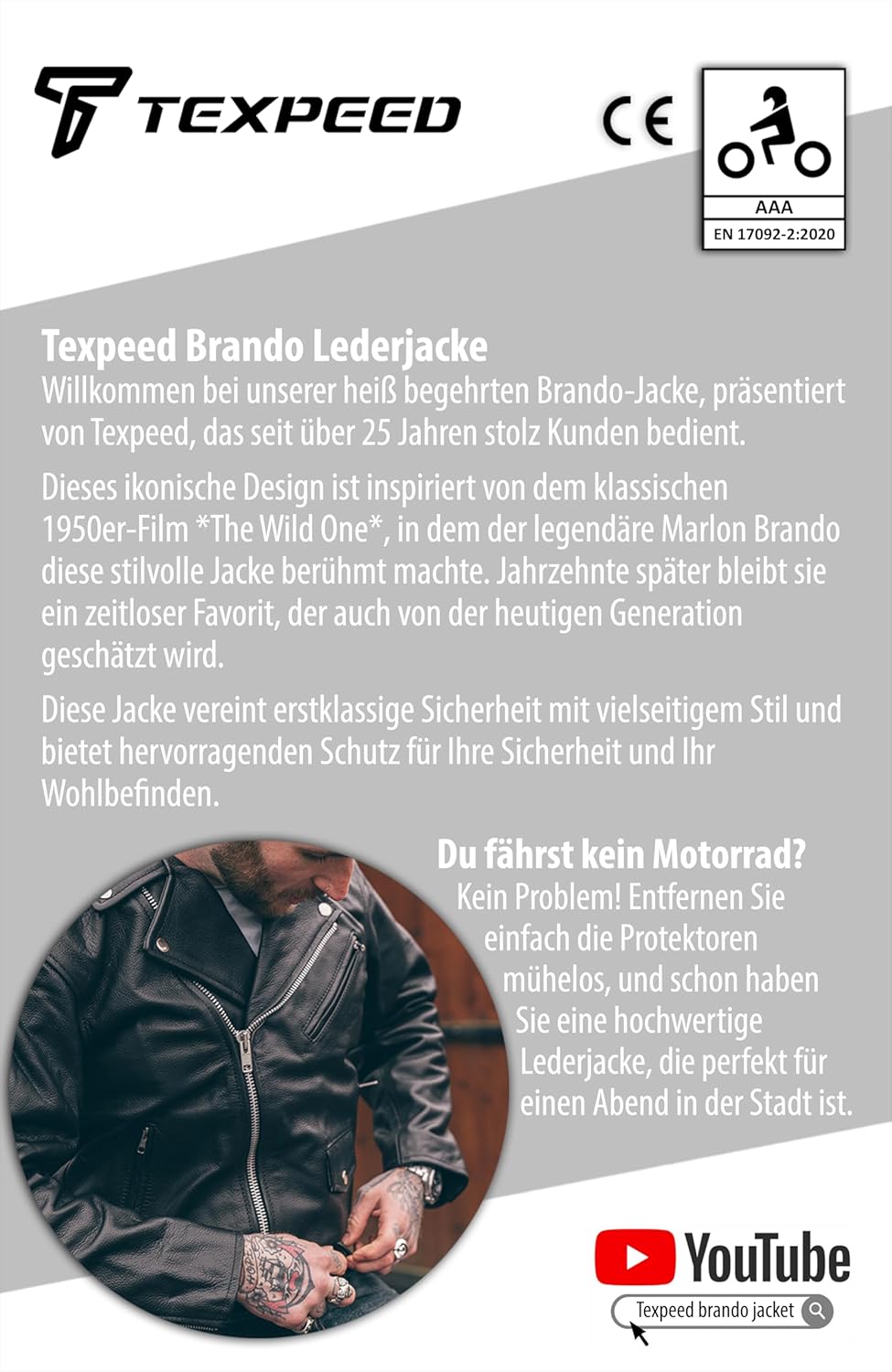 TEXPEED Motorrad lederjacke herren mit protektoren - Marlon Brando Retro Chopper Rockerjacke - Mit O