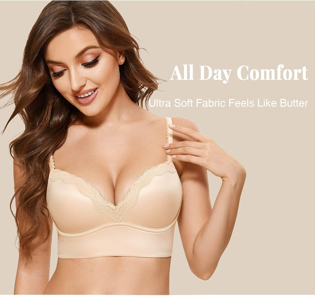 DOBREVA Push Up BH Damen ohne Bügel Soft Gepolstert Bügelloser Bralette mit Spitze 85A Beige, 85A Be