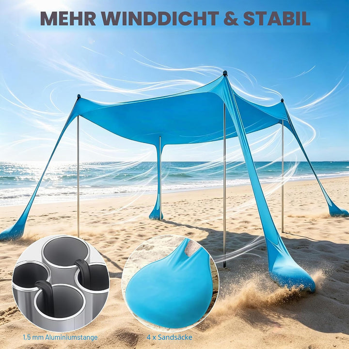 Sonnensegel Strand mit Sandsäcke Lycra UPF 50+ Strandzelt Sonnenschutz Windfest Strandzelt mit 4 Alu