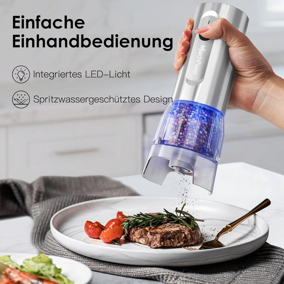 Marchpower elektrische Salz und Pfeffermühle Set, USB Wiederaufladbar, Edelstahl, 2 grosse Kapazität