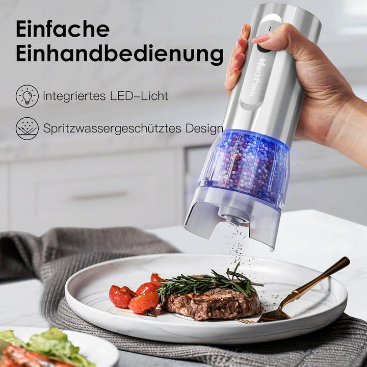 Marchpower elektrische Salz und Pfeffermühle Set, USB Wiederaufladbar, Edelstahl, 2 grosse Kapazität