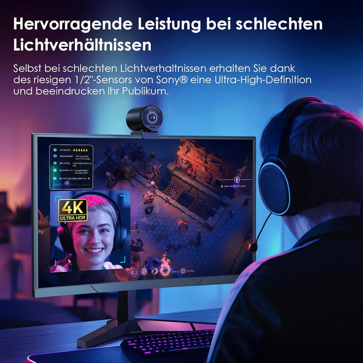 EMEET S800 4K Webcam Mit 2 Mikrofonen, Rauschunterdrückung, 73° Sichtfeld, Lichtkorrektur, Datenschu