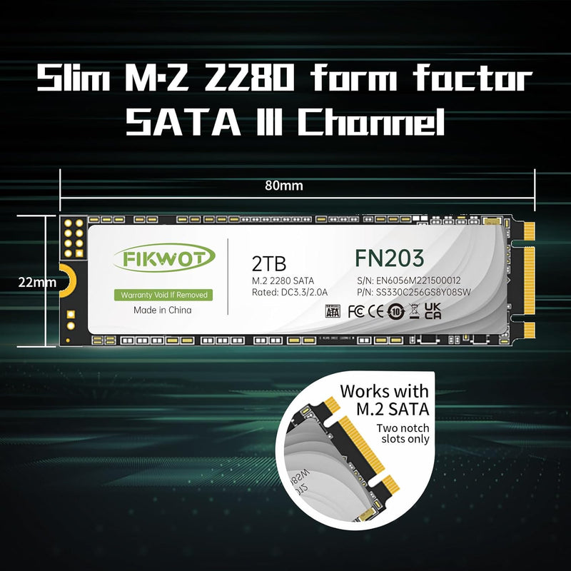 Fikwot FN203 2TB M.2 SATA SSD - SLC Cache 3D NAND TLC SATA III 6Gb/s M.2 2280 NGFF Internal Solid St